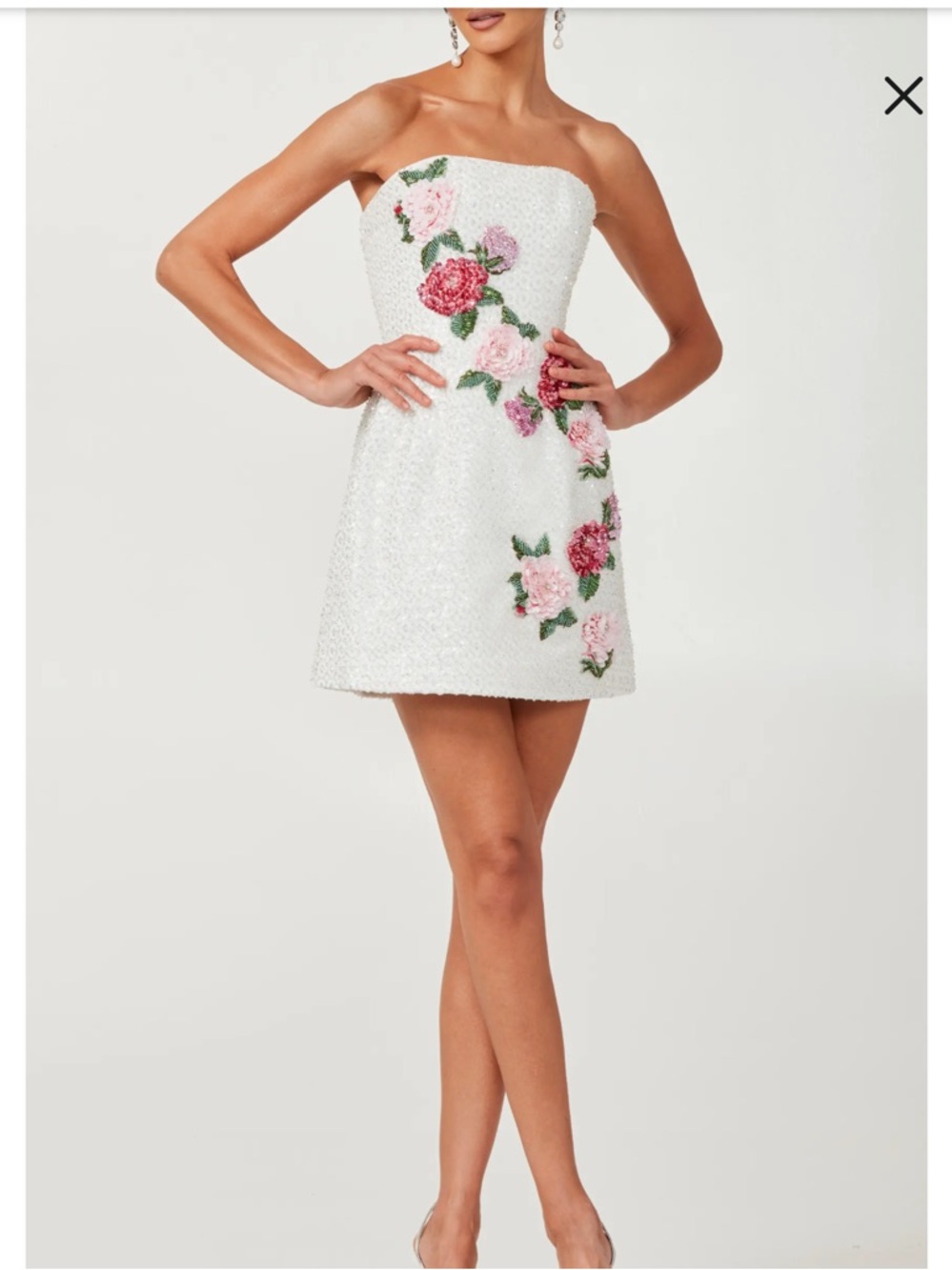 Helsi Freda Rosette Sequin Strapless White Floral Appliqué Mini Dress